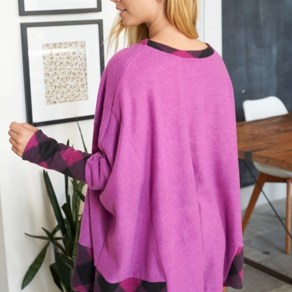 7. Pink and Black Fleecy Sweater with Plaid‎ Accents - Picture 4 of 4